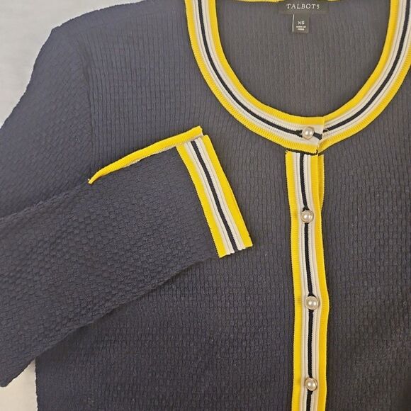 Talbots Cardigan Sweater Womens XS‎ Navy Blue Button Front Yellow White Trim - Picture 5 of 9